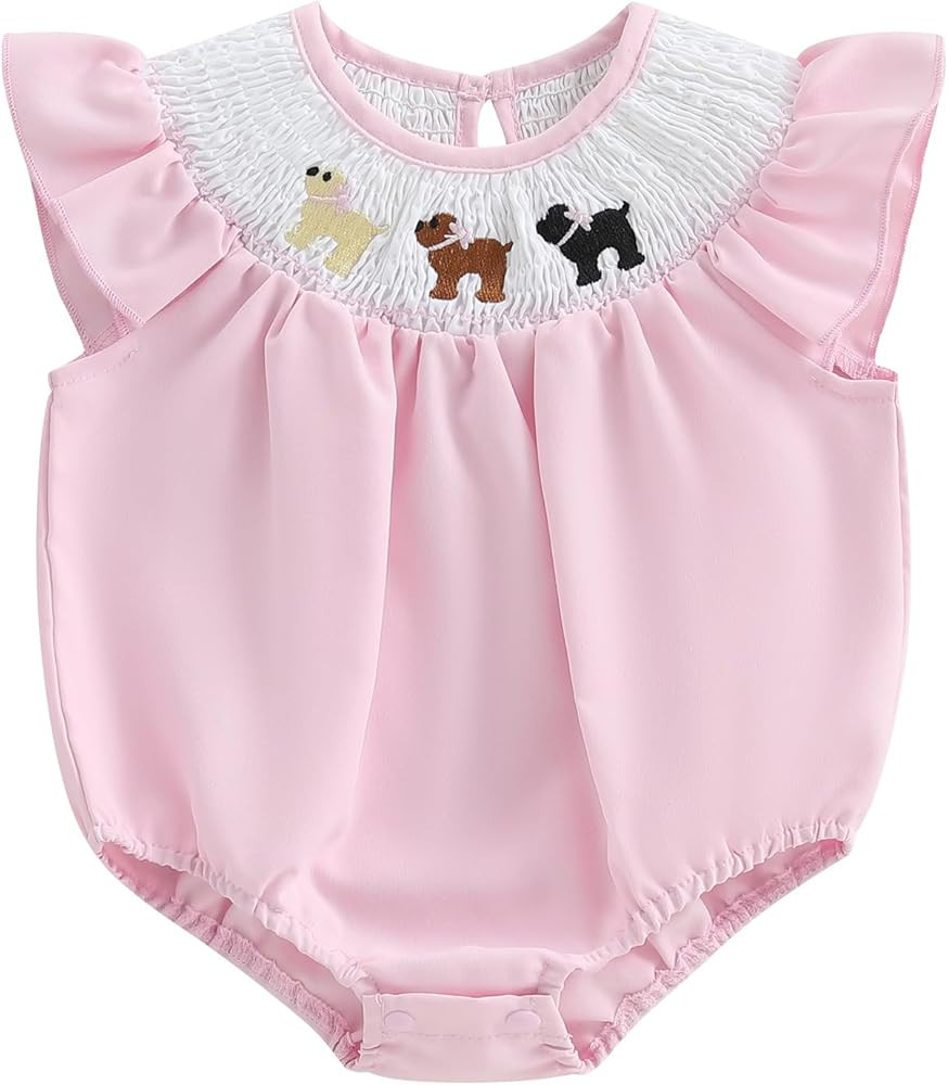 Mylleure Baby Girls Smocked Bubble Romper Ruffle Sleeveless Embroidery Bodysuit Cute Print Newbor... | Amazon (US)