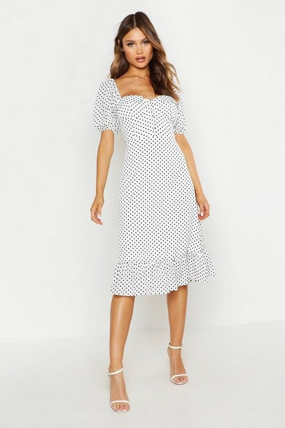 Puff Sleeve Bustier Ruffle Hem Polka Dot Midi | Boohoo.com (UK & IE)