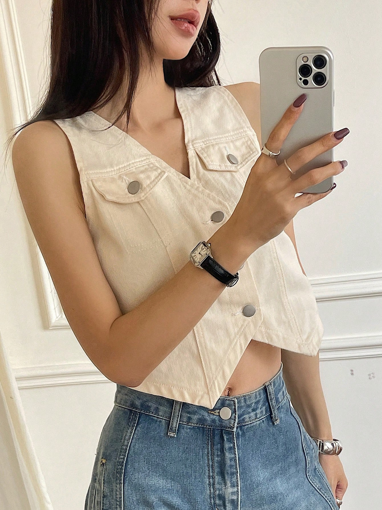 DAZY Flap Detail Button Front Denim Vest Top | SHEIN