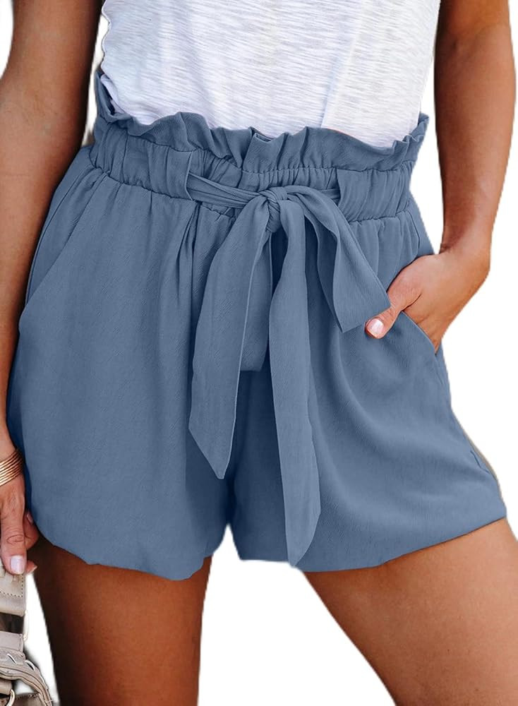 Dokotoo Womens Casual Summer 2024 Ruffle Belted Elastic Waist Shorts with Pockets | Amazon (US)