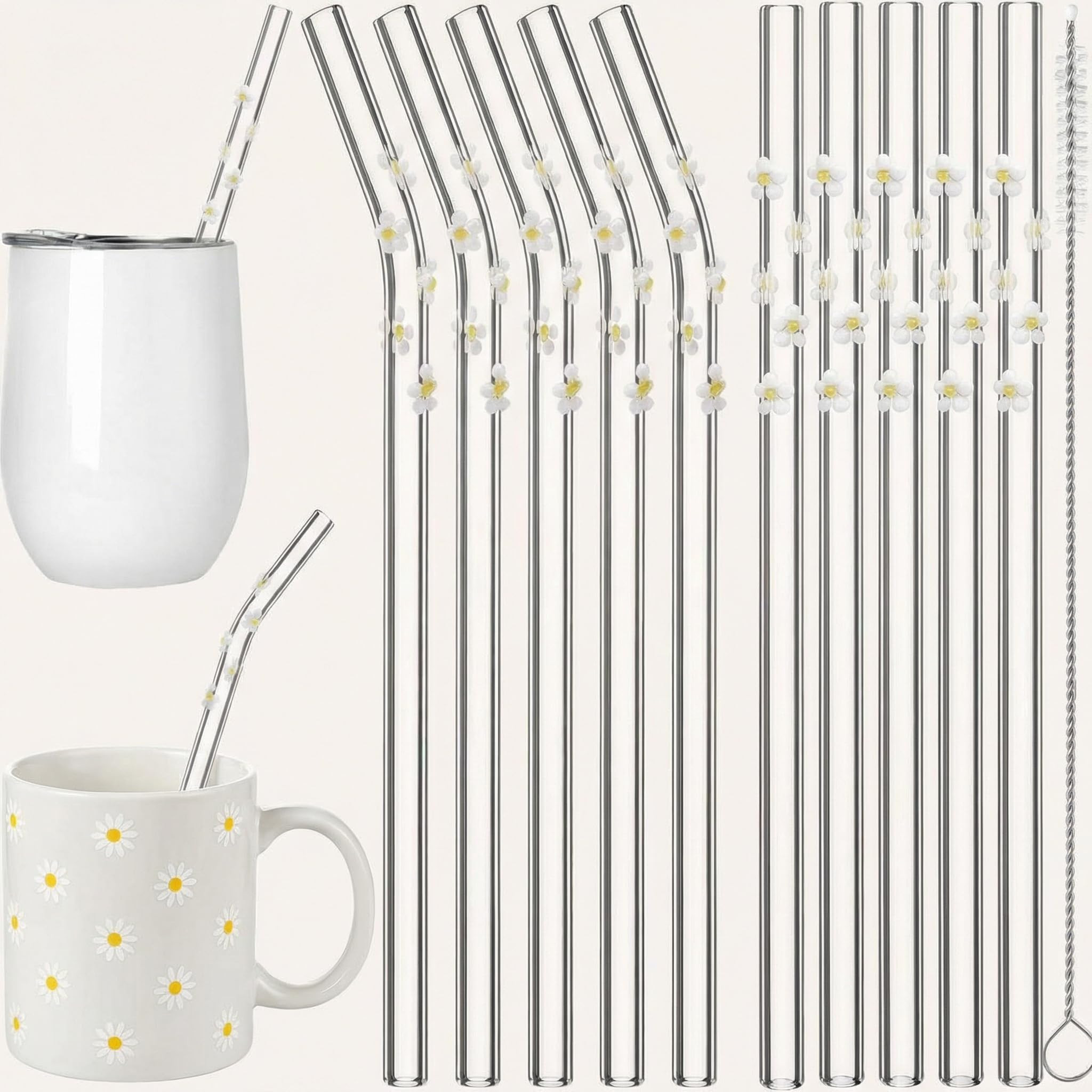 10 Pcs Daisy Icon Glass Straws with Charms Cute Reusable Straws Glass with Brush Daisy Shaped Cle... | Amazon (US)