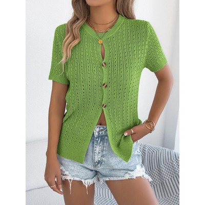 Coolmee Women's Crochet Short Sleeve Cardigans Button Up Crew Neck Summer Beach Knit Sweater Tops Green M | Target