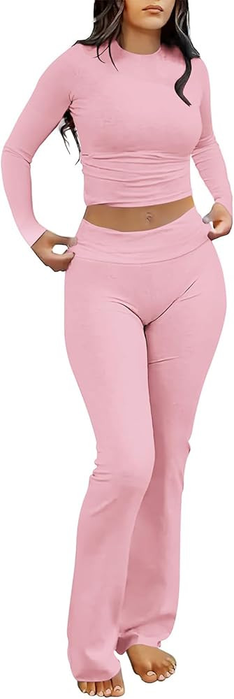 kaimimei Women's 2 Piece Lounge Outfits Slim Long Sleeve Tops High Waist Foldover Flare Leggings ... | Amazon (US)