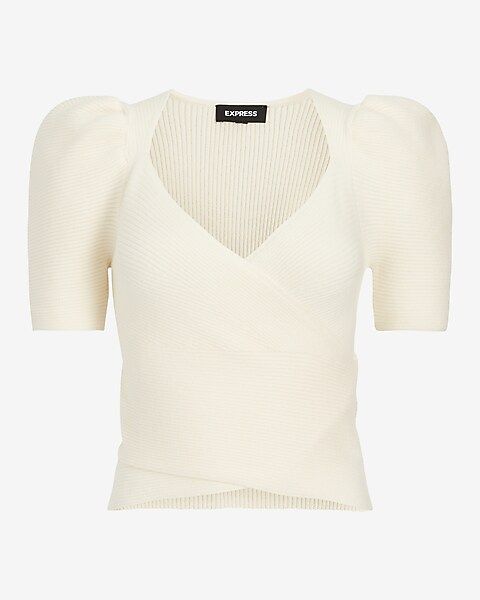 Ribbed Faux Wrap Puff Sleeve Sweater | Express