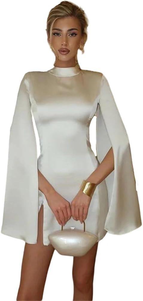 Women Satin Solid Dresses Sexy Long Sleeves Sheath Mini Slim Fit Robes | Amazon (US)