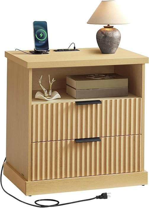 VASAGLE MAXE Collection - Nightstand with Charging Station, Fluted Night Stand, Bedside Table, Mi... | Amazon (US)