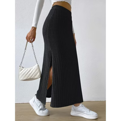 Womens Skirts High Waist Side Slit Bodycon Knit Pencil Skirt Black XL | Target