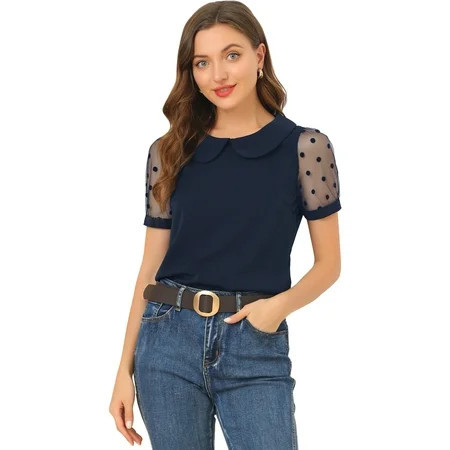 DARING DIVA Women s Polka Dots Mesh Peter Pan Collar Blouse S Navy Blue | Walmart (US)