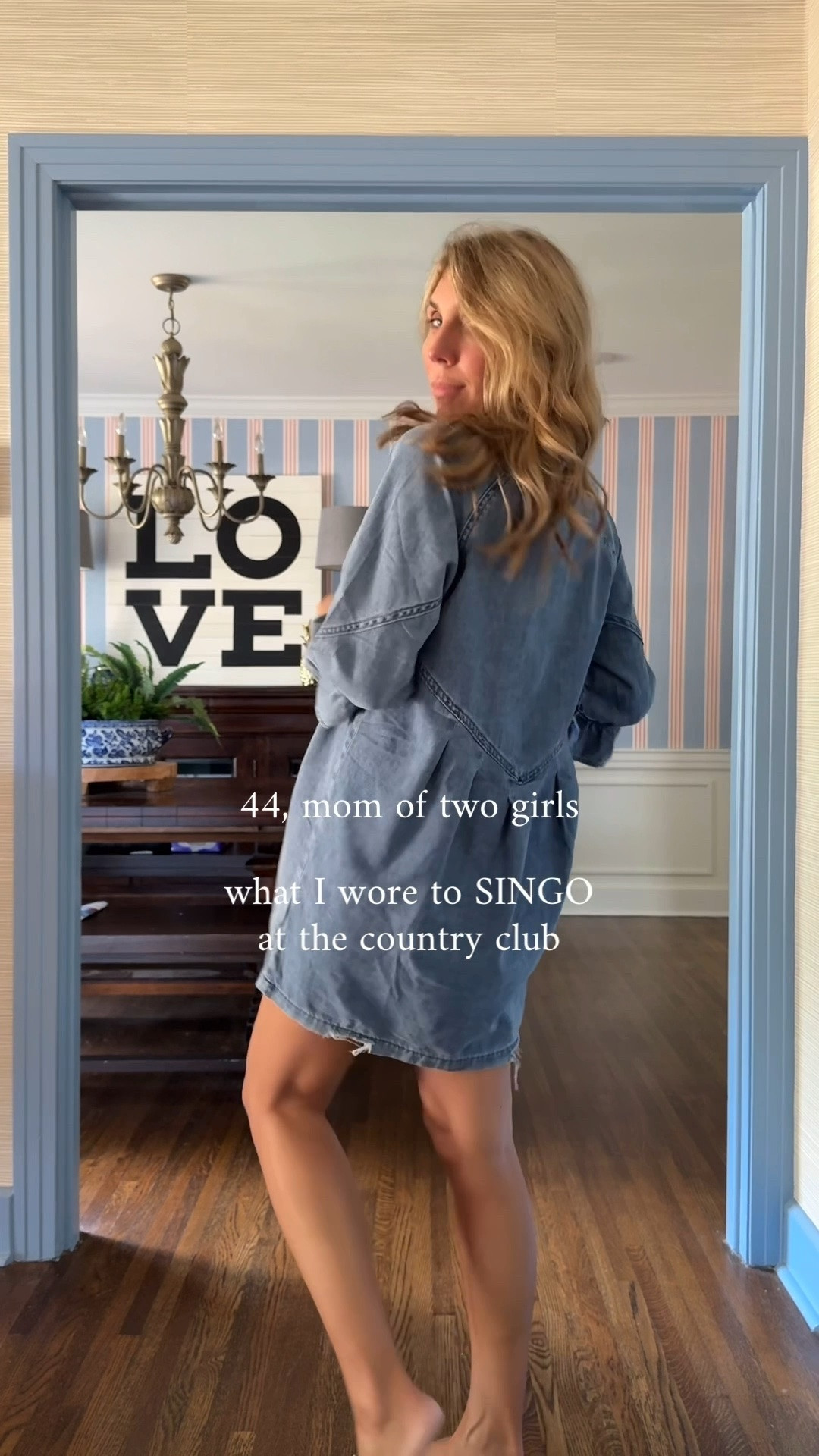 Last night was SINGO at the country club again, and this time I wore this cute distressed denim Amazon dress (wearing a small), paired with a heel, and a Twilly.