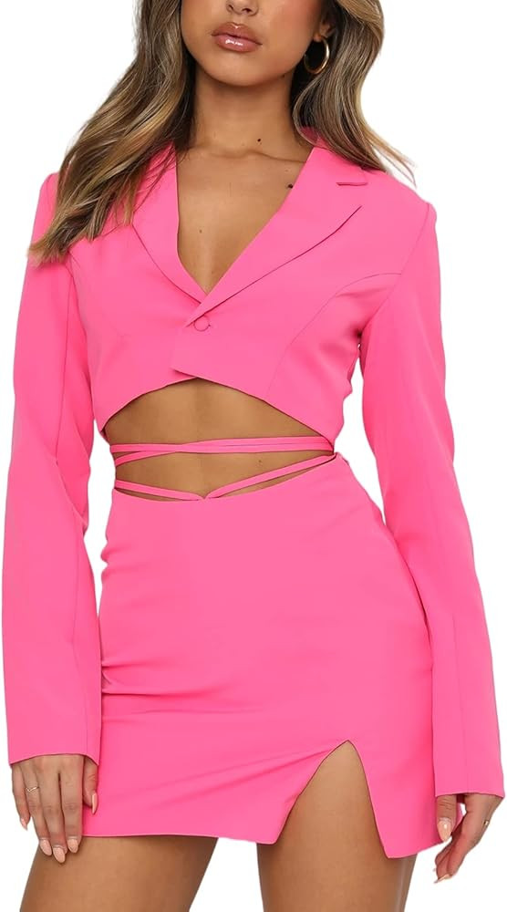 Remelon Women's Casual 2 Piece Suits Long Sleeve Button Button Crop Blazer and Self-Tie Split Min... | Amazon (US)