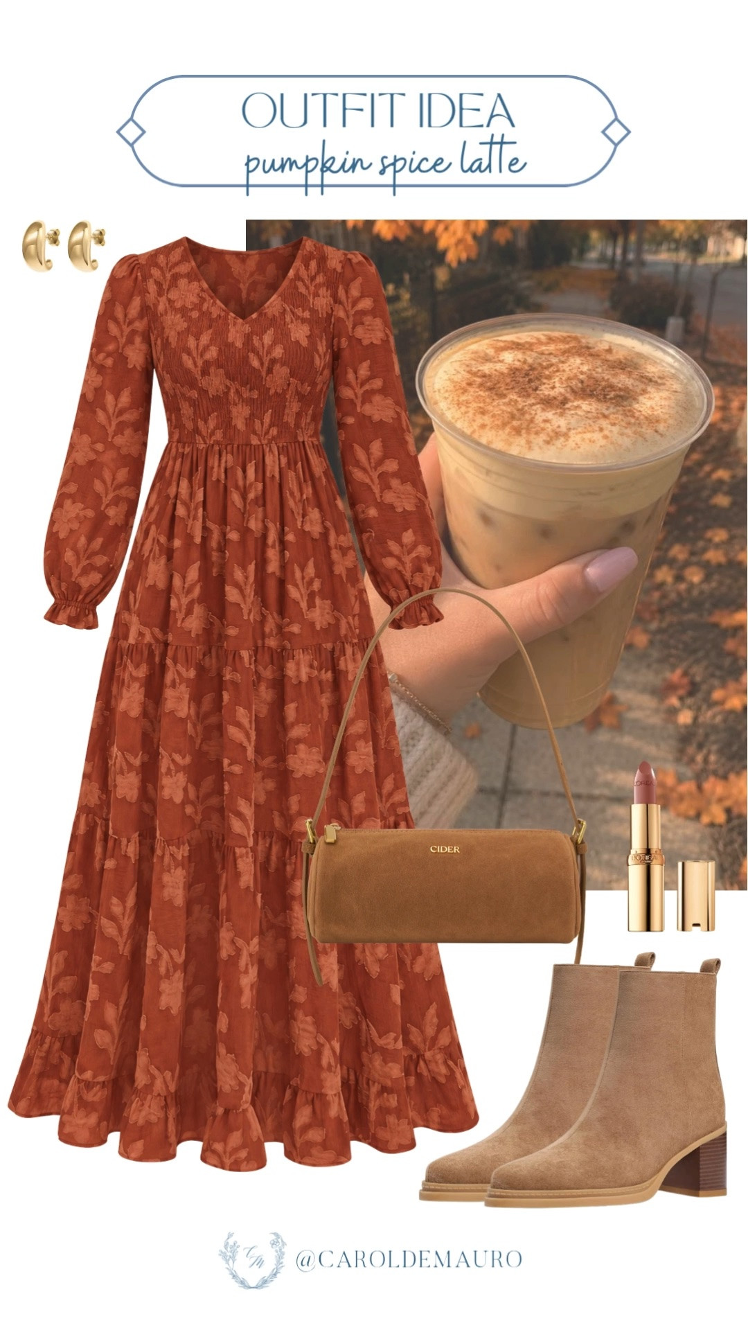 This rust floral dress is giving the coziest fall feelings! Paired with an iced pumpkin spice latte in hand, it's the perfect look for a crisp autumn day out.

fall dress, floral maxi dress, fall fashion, autumn outfit idea, suede booties, women's fall style, fall accessories

#LTKootd #LTKPetite #LTKSeasonal