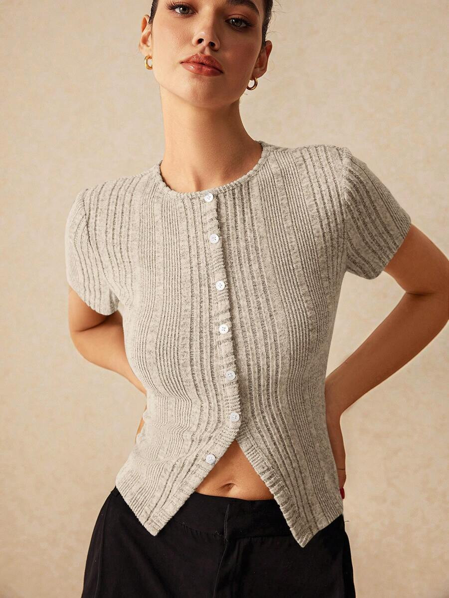 Poéselle Fall Slim Asymmetric Ribbed Short Sleeve Women's T-Shirt With Split Hem Design, Short S... | SHEIN