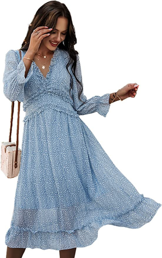 Simplee Women's V Neck Ruffles Floral Printed Long Sleeve Dress High Elastic Waist Flowing Midi D... | Amazon (US)