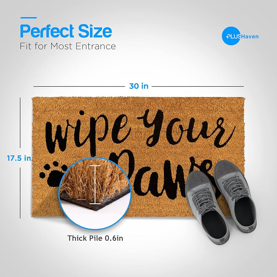 PLUS Haven Coco Coir Door Mat with Heavy Duty Backing, Wipe Your Paws Doormat, 17.5" x 30" Size, ... | Amazon (US)