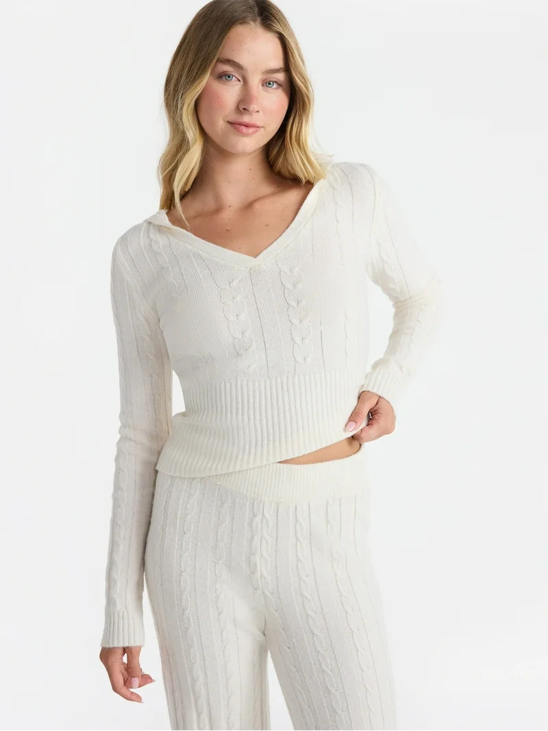 No Boundaries Cable Knit Sweater Hoodie, Lightweight, Women's | Walmart (US)