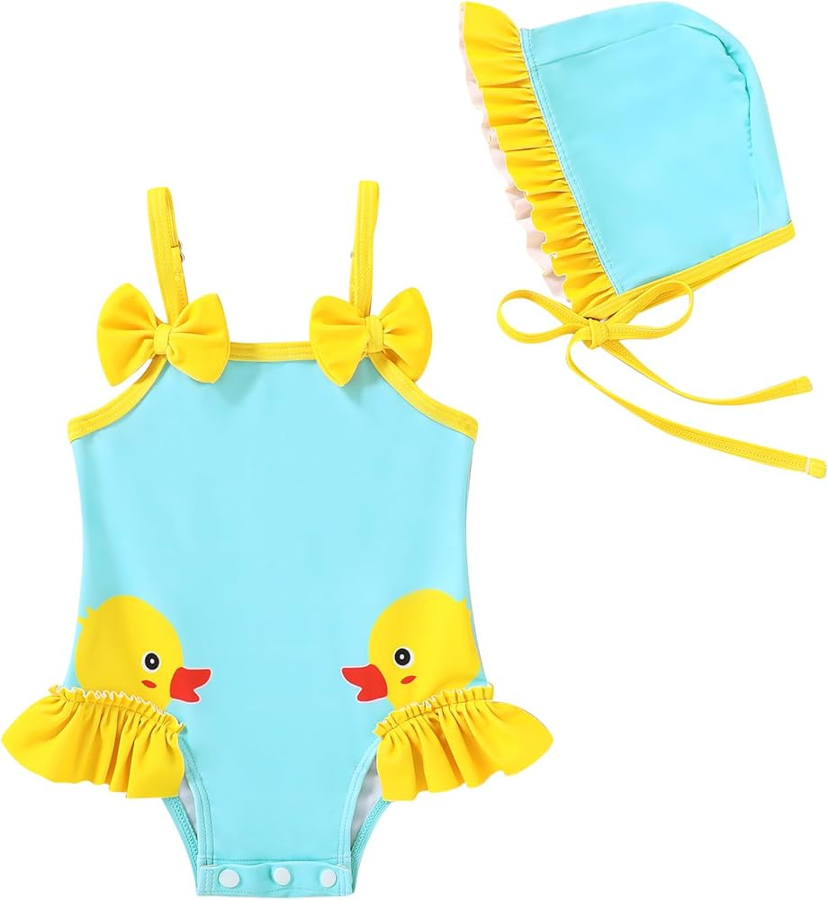 Baby Girls Swimsuit One Piece Swimwear Ruffled Infant Swimsuit Floral Print Bathing Suit with Hat | Amazon (US)