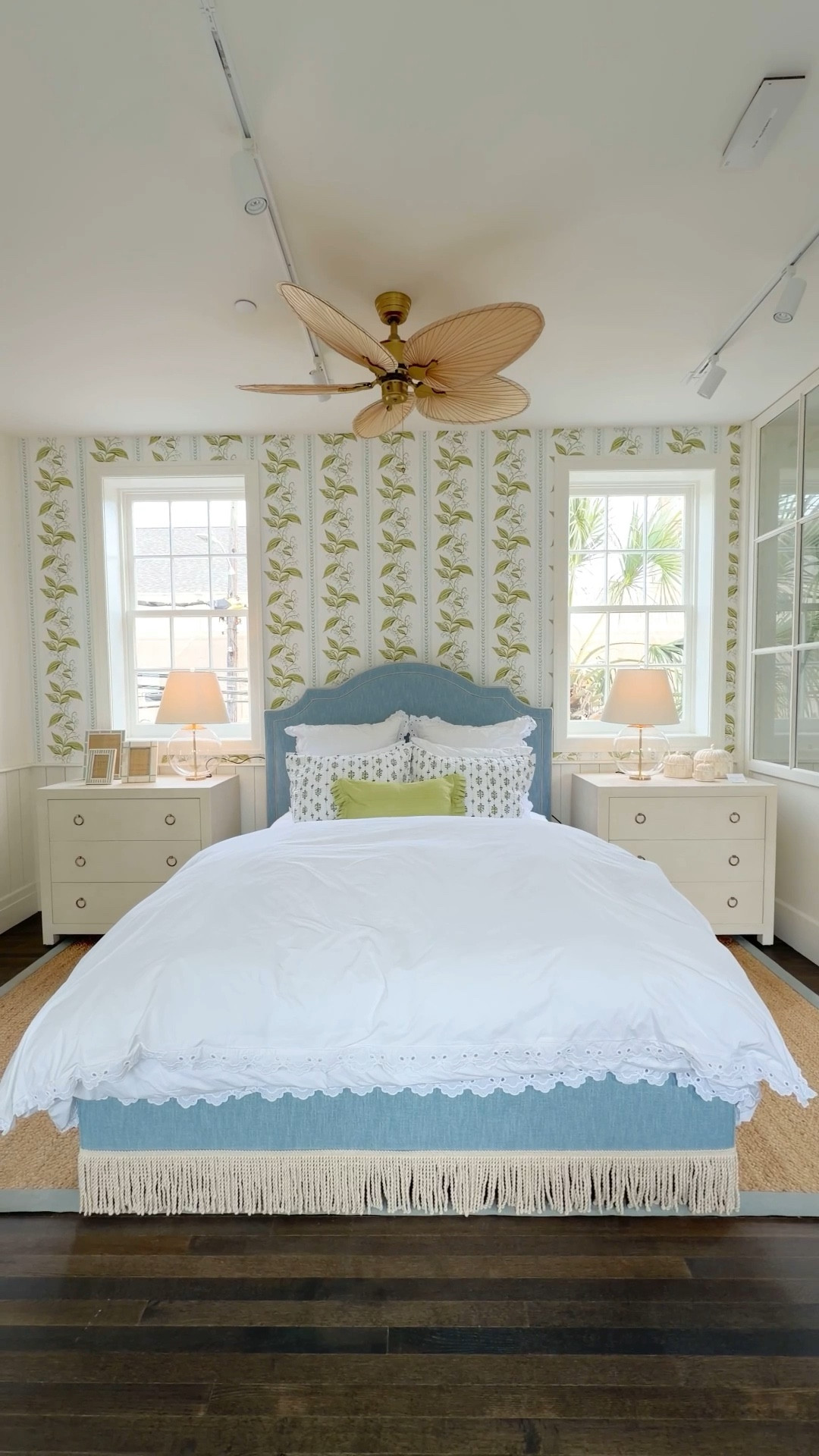 Coastal bedroom inspiration featuring Serena & Lily! 🌊 The Lily of the Valley Wallpaper in Pearl/Sky creates such a beautiful accent wall and focal point for the room, adding soft pattern and coastal charm. 🌿🐚🩵 The Tall Fillmore Bed with Natural Bullion Fringe, shown here in a blue fabric, brings a lovely pop of color, while the Driftway Chest in Chalk keeps the space feeling light and timeless. ✨ A serene mix of coastal blues, elegant textures, and fresh contemporary style. Linked the whole look! 🫶🏻 #SerenaAndLily #BedroomInspo #CoastalHome 

#LTKSaleAlert #LTKHome