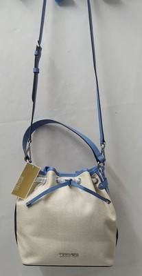 Michael Kors Maeve Ivory Canvas Blue Leather Trim Bucket Shoulder Bag - NWT | eBay US