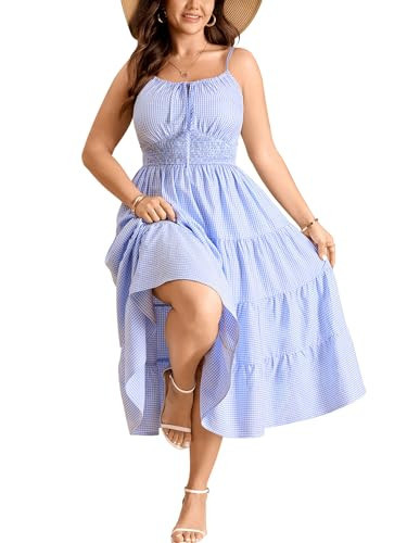 CICIDUDU Plus Size Dresses for Women Summer Casual Gingham Spaghetti Strap Smocked Tiered Midi Dress with Pockets Blue | Amazon (US)