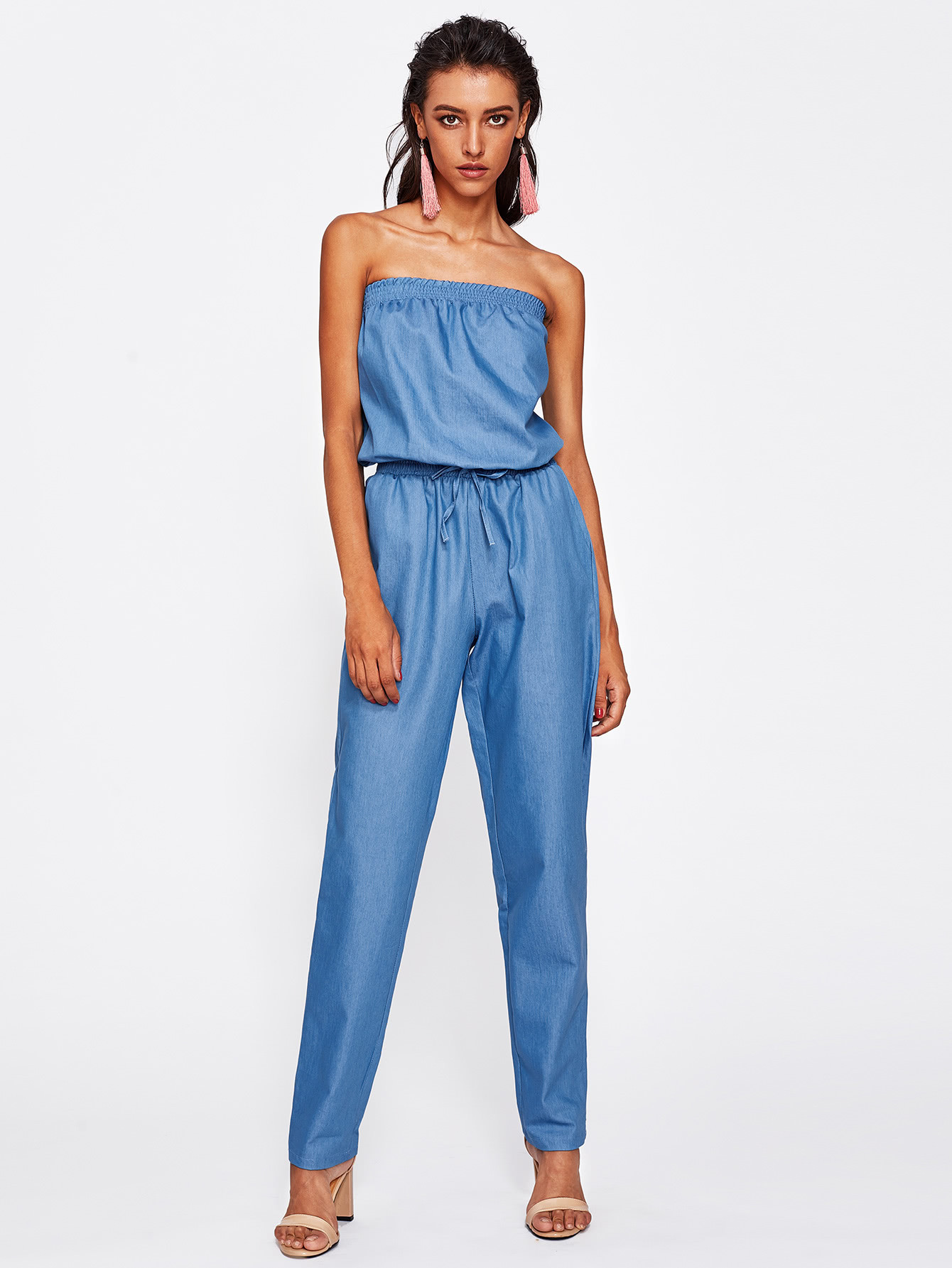 Shirred Bandeau Drawstring Chambray Jumpsuit | SHEIN