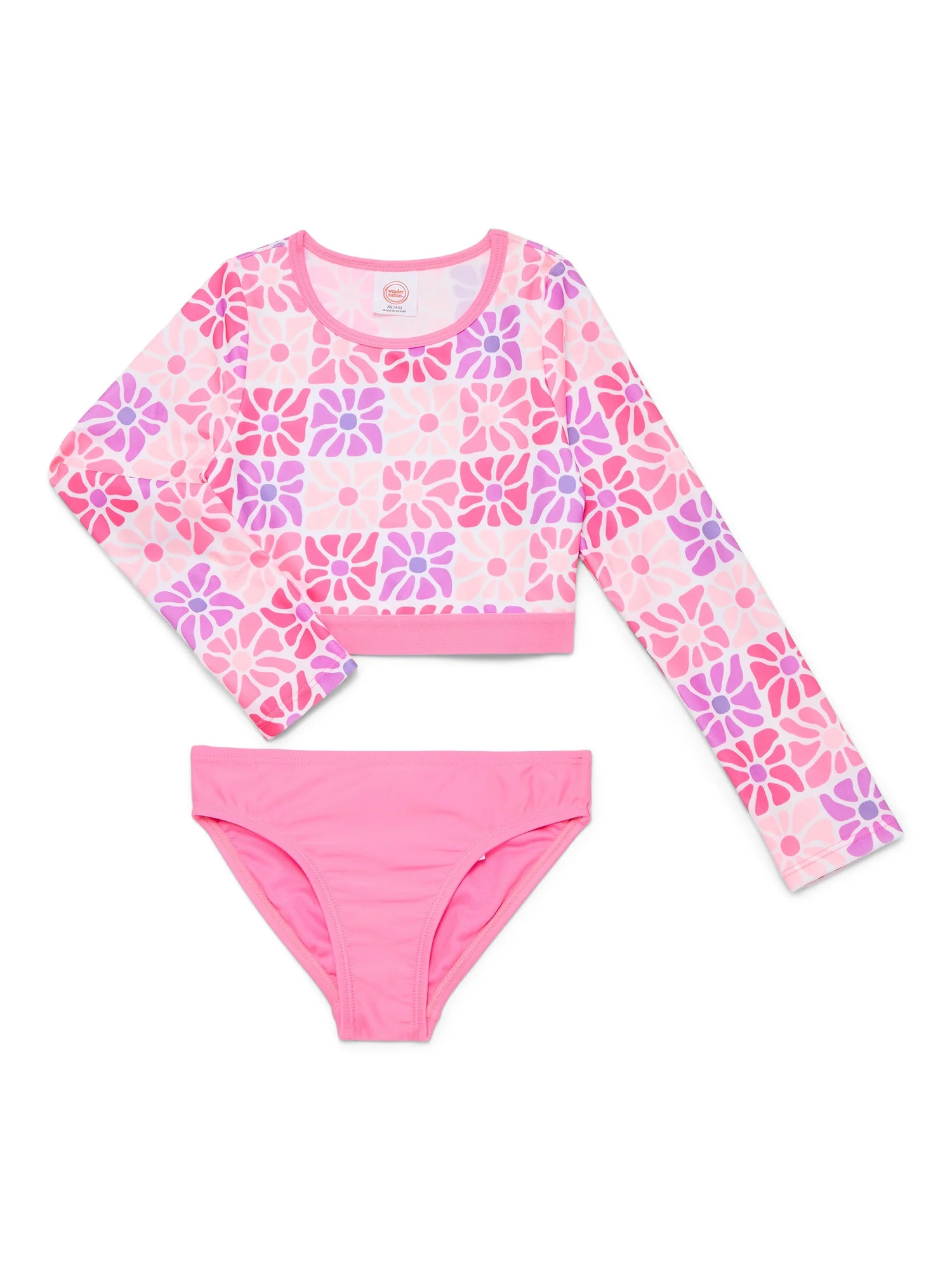Wonder Nation Girls Cropped Long Sleeve Rash Guard and Scoop Bottoms Swim Set with UPF 50, 2-Piec... | Walmart (US)