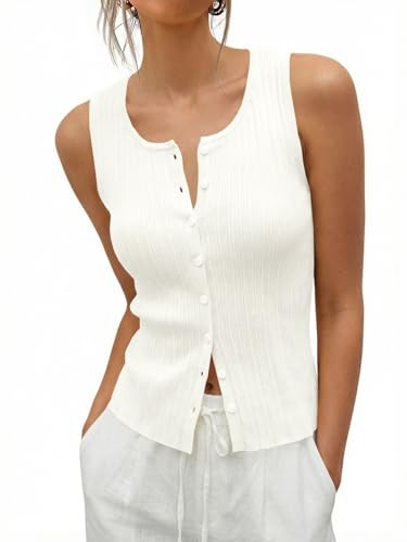 Saodimallsu Womens Sleeveless Sweater Vest Button Down Ribbed Knit Tank Top Scoop Neck Summer Trendy Vest Tops White | Amazon (US)