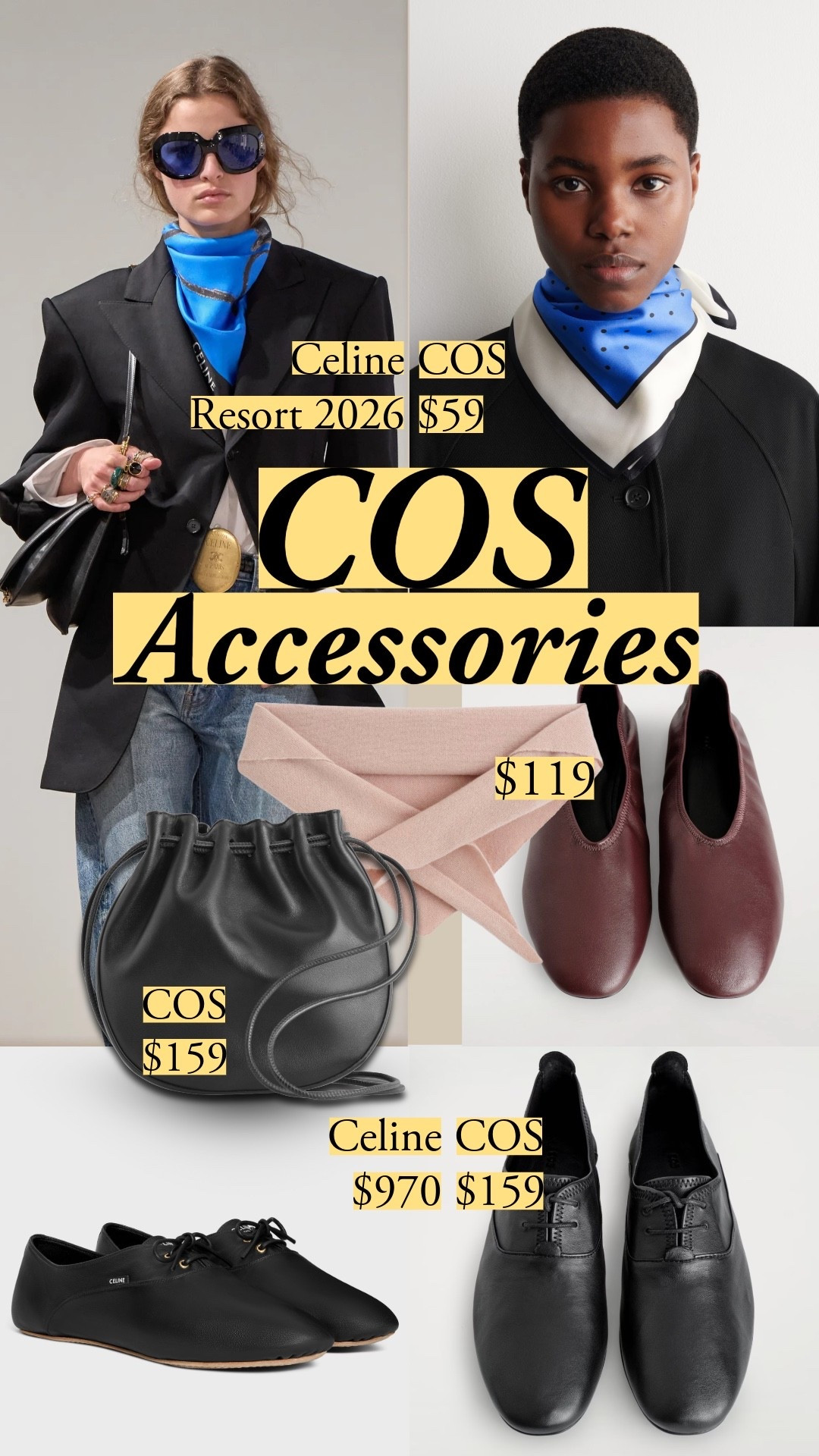 COS accessories worth a look – their $59 silk scarf channels Celine Resort 2026, and the soft black shoes at $159 echo Celine's $970 sold out lace-up ballets. The sculptural bucket bag is minimal, supple, and made with careful precision. The burgundy leather flats have that high vamp that elongates the leg.

#LTKootd