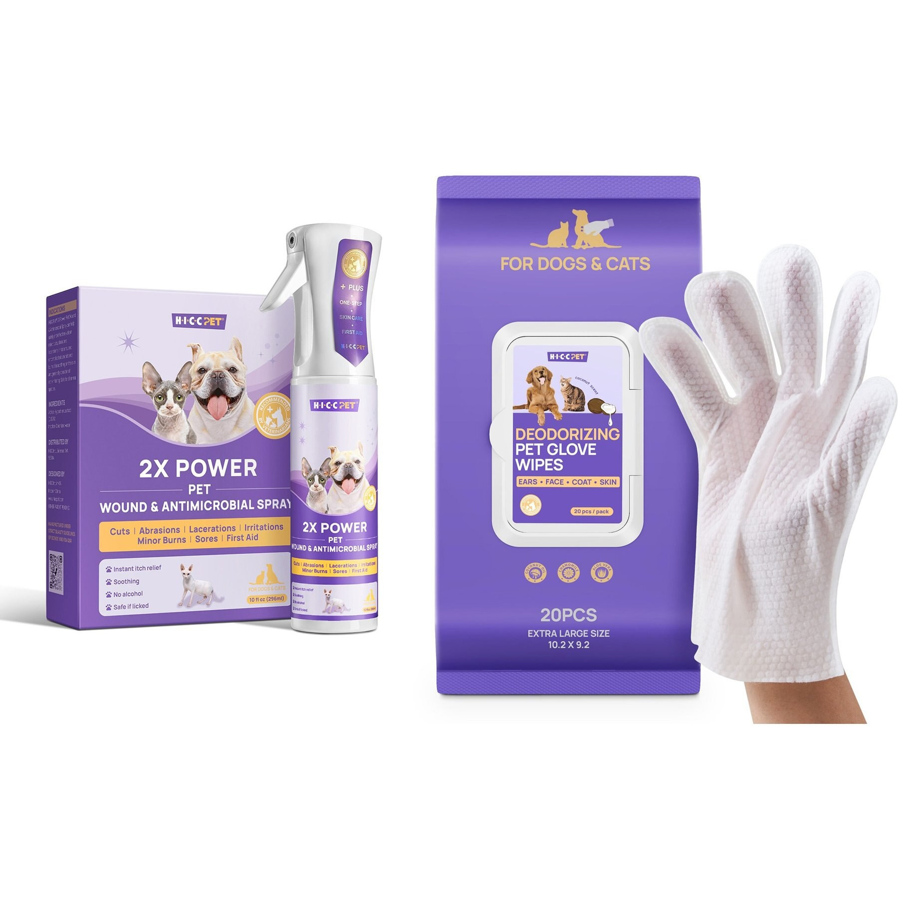 HICC PET Deodorizing Glove Wipes, 20 count + 2X Power Wound & Antimicrobial Cat & Dog Skin Treatment Spray, 10.1-oz bottle | Chewy