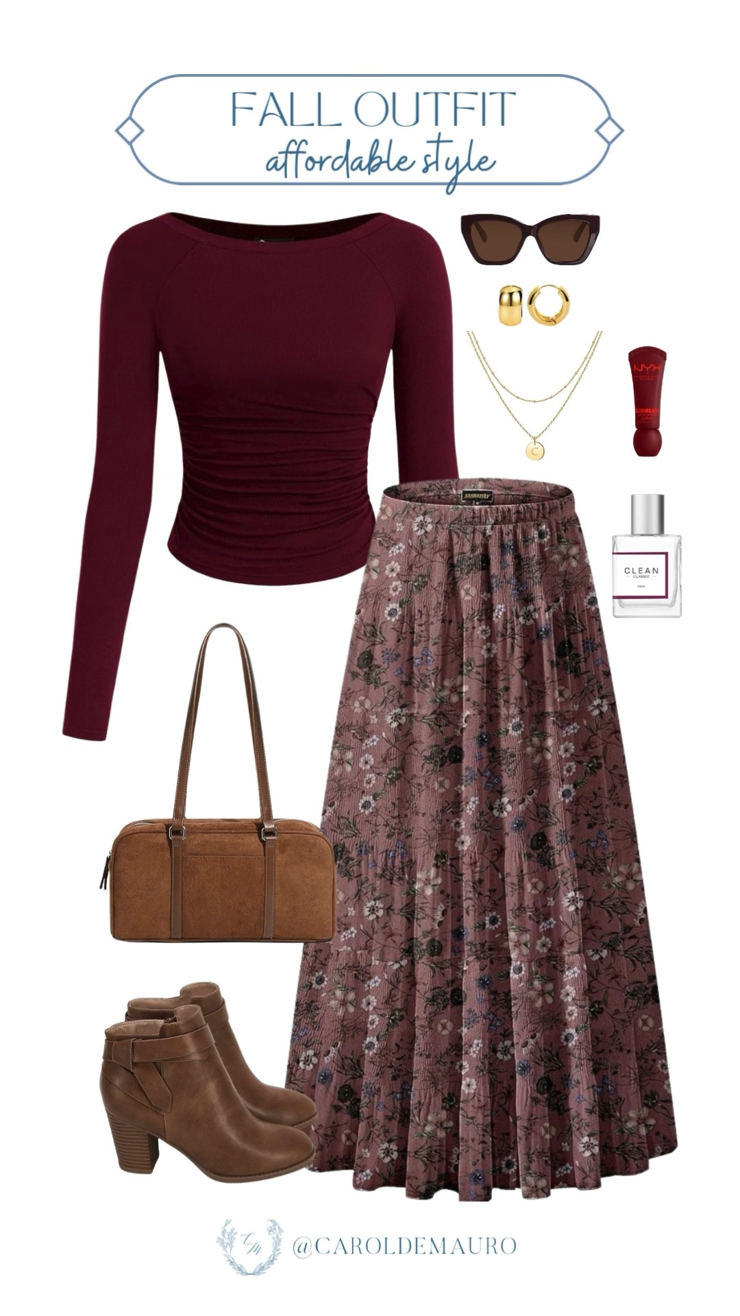 If you want to look polished without wearing a dress, this outfit is a great choice with just a floral skirt and a burgundy long-sleeve top! Don't forget the ankle leather boots and the suede baguette bag.
#affordablestyle #amazonfashion #fallwardrobe #bohochic 

#LTKStyleTip #LTKU #LTKSeasonal