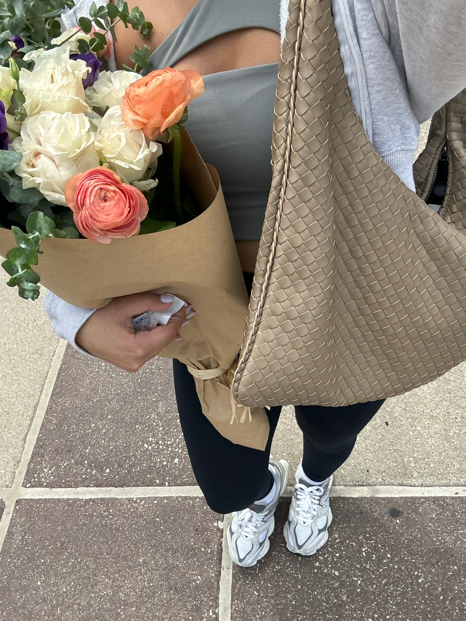 Workout + errands outfit idea 
Cut out sports bra: small 
Grey zipper hoodie: small 
Black leggings: small 
White ankle socks 
New balance 9060 sneakers: 4.5 men 
Woven tote bag 

#LTKFindsUnder100 #LTKFitness #LTKSeasonal