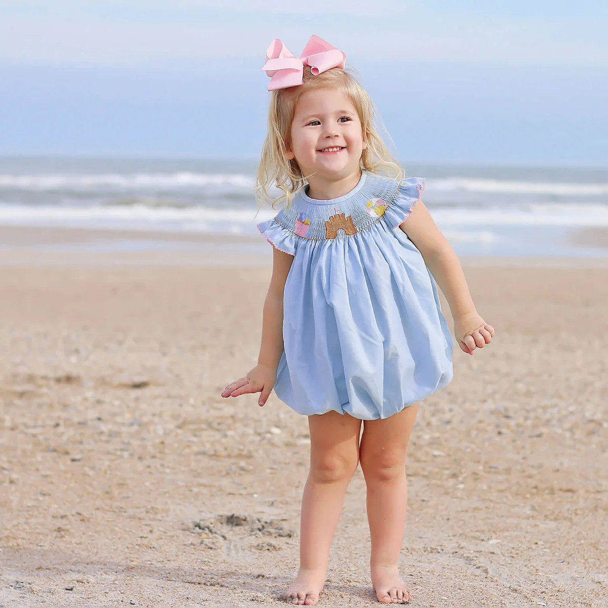 Beach Baby Light Blue Smocked Angel Sleeve Bubble | Classic Whimsy