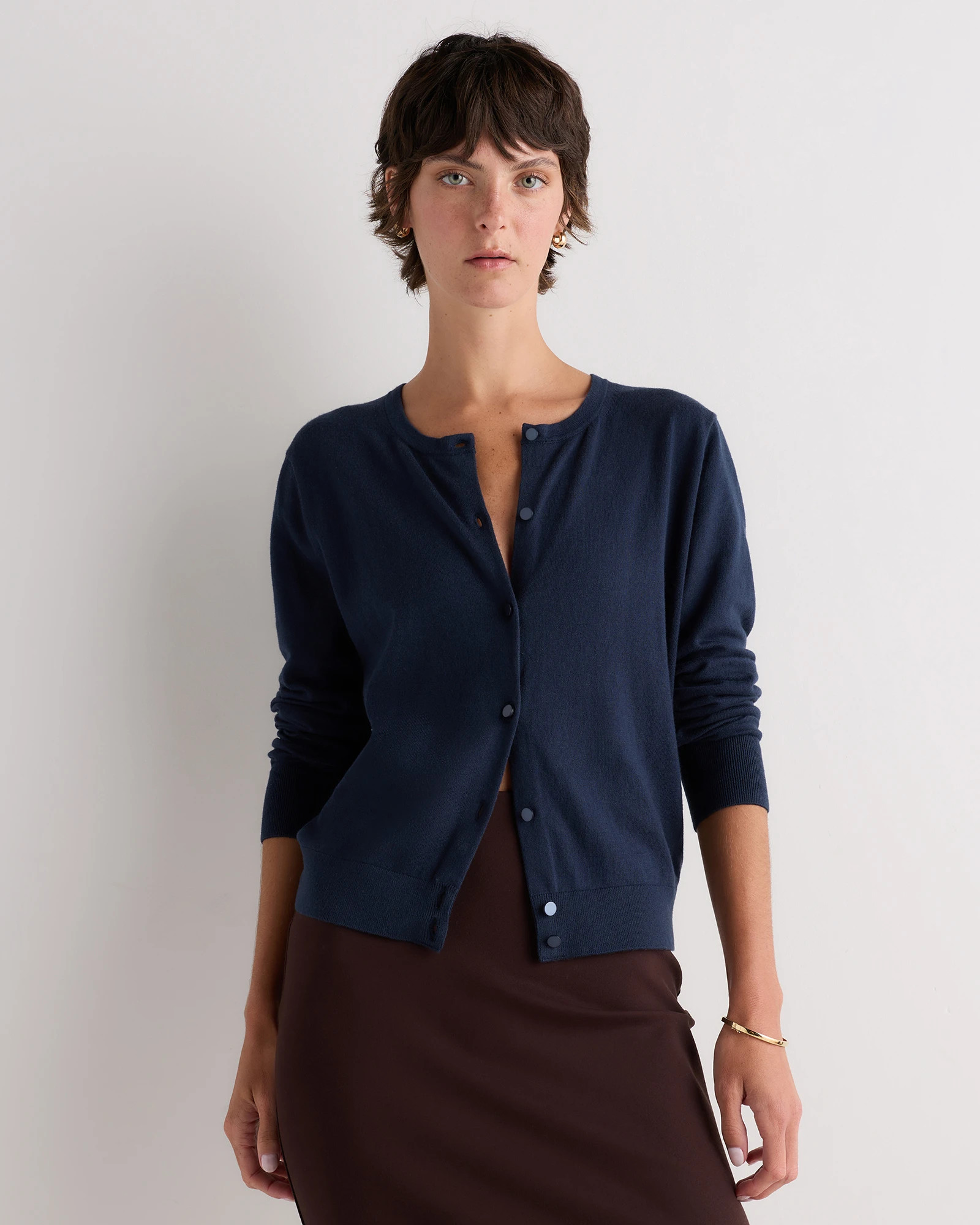 Quince | Women's Lightweight Cotton Cashmere Crew Cardigan Sweater in Sugar Stone, Size Medium | Quince