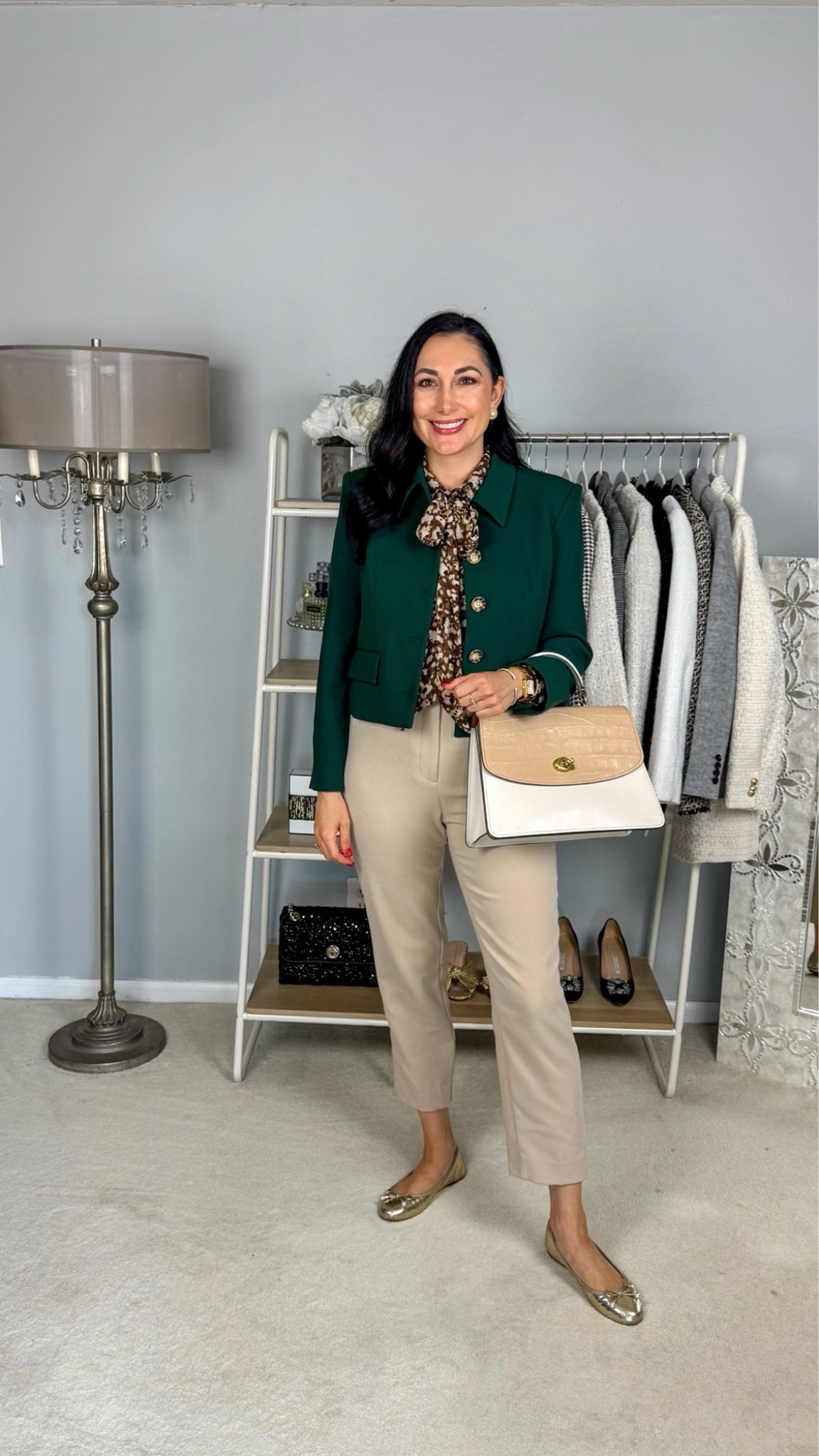 Business casual work outfit 💚

Green cropped blazer size 6, sized up 
Brown bow tie blouse size small, TTS
Tan pants 
Gold ballet flats size 6.5, sized down half size 

Work wear 
Office outfit 
Nordstrom anniversary sale 
NSALE

#LTKSaleAlert #LTKWorkwear #LTKSeasonal