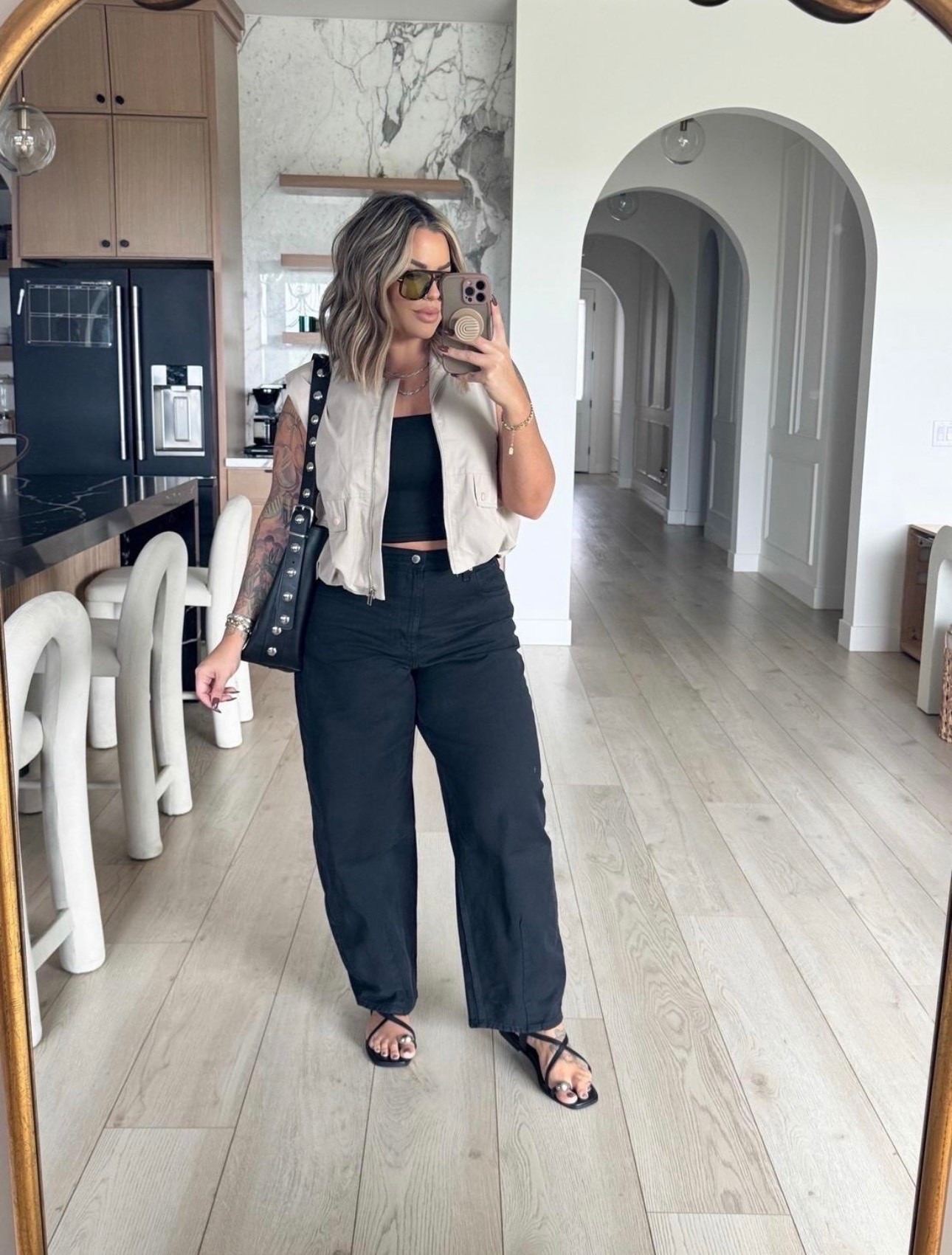Jeans 14L highly recommend sizing up and also getting long length if you are my height 5’5 or taller. The reg was way too short 
Vest size wayyyyy down I’m doing a small in the vest it’s so oversized ! 
Tank L 
Sandals are sold out from old navy sorry no link