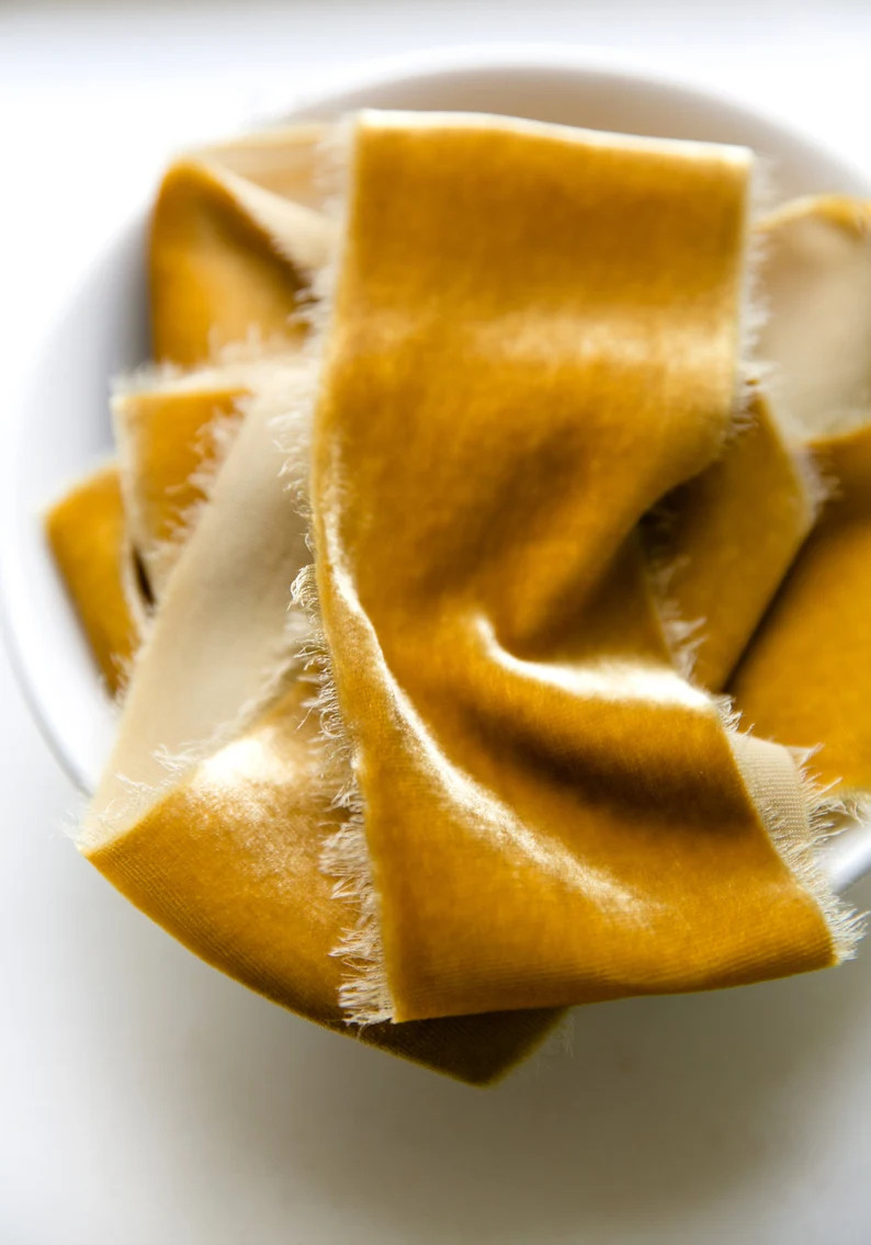 Silk mustard Velvet Ribbon, Mustard Ribbon, Wedding bridal bouquet, hand-dyed Velvet ribbons,  10... | Etsy (US)