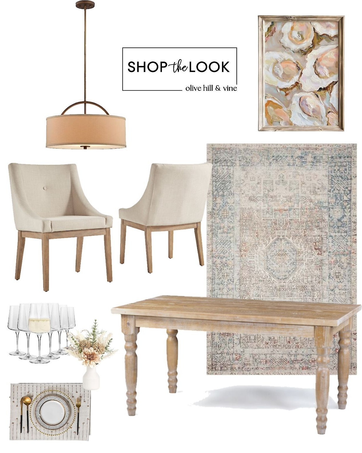 We've got another farmhouse dining room we can't get enough of! It starts with a washed-finish table featuring turned legs, paired with upholstered chairs that bring a hint of tradition with c-shaped arms and a buttoned back. A bronze 3-light pendant sets the mood, while vintage oyster art and a simple floral centerpiece add timeless charm. Not sure how to style your table? Try woven placemats, gold-trimmed chargers, patterned ceramic plates, matte gold silverware with black handles, and classic wine glasses for a polished look. 

 

#LTKHome #LTKStyleTip #LTKFamily