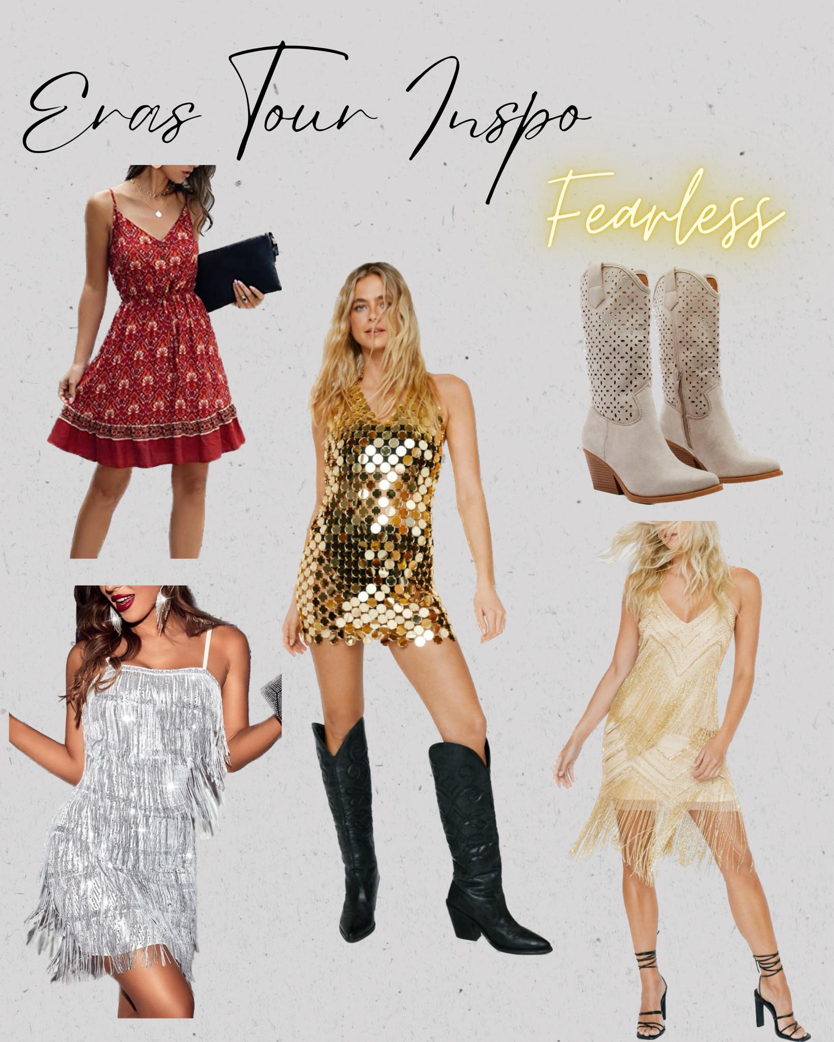 Outfit inspiration for Taylor Swift’s Eras tour! These looks are in line with her Fearless era, so lots of sparkle and fringe, silver and gold, subtle country style and cowboy boots.

#LTKSeasonal #LTKFestival #LTKunder100