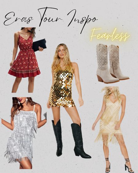 Outfit inspiration for Taylor Swift’s Eras tour! These looks are in line with her Fearless era, so lots of sparkle and fringe, silver and gold, subtle country style and cowboy boots.

#LTKSeasonal #LTKFestival #LTKunder100