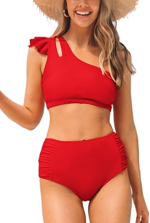 CUPSHE Women's Bikini Sets Two Piece Swimsuit High Waisted Ruffle Cutout One Shoulder Shirred Swi... | Amazon (US)