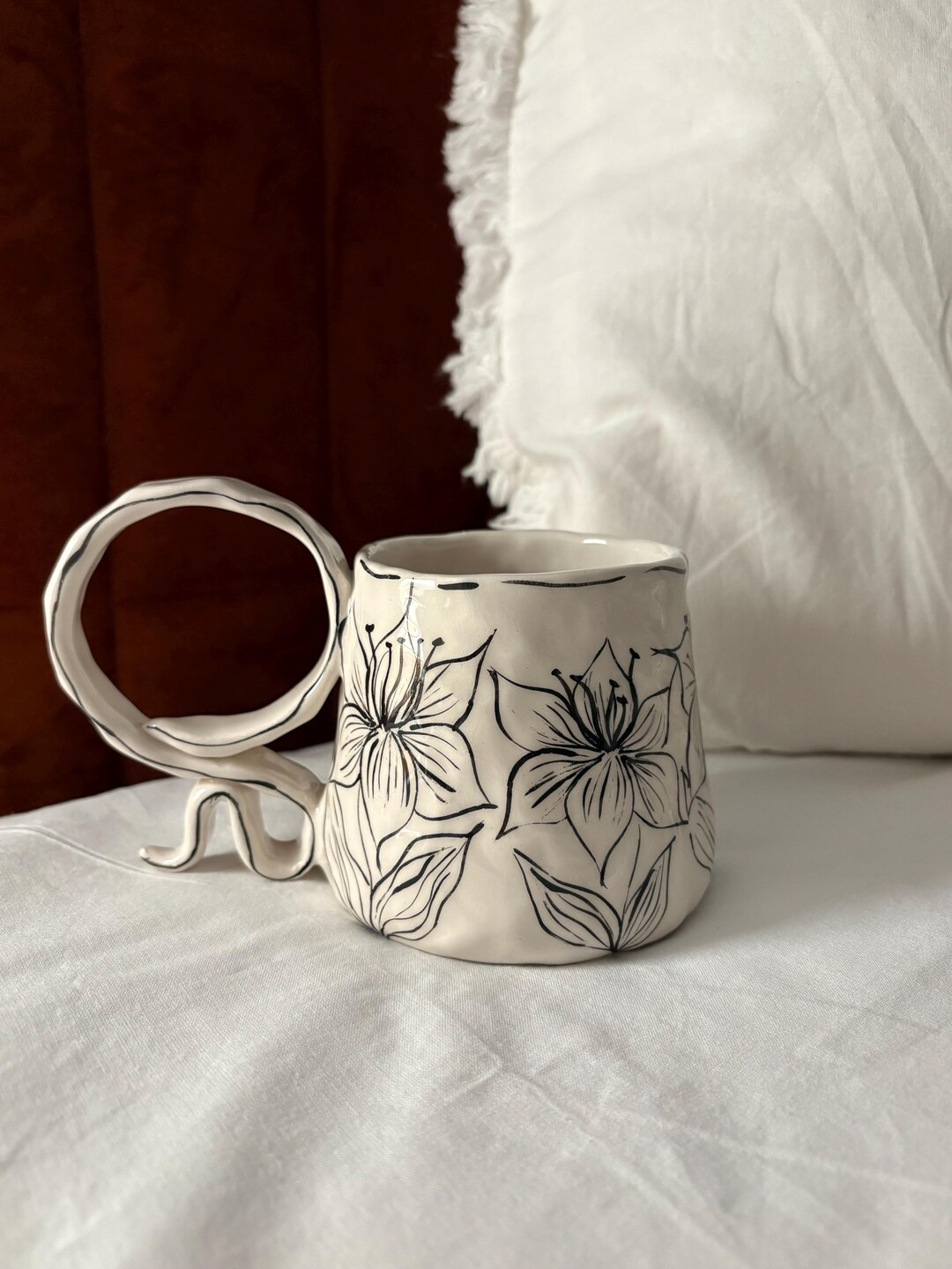 Handmade Black & White Lilly Flowers Ceramic Mug BW Floral Design Coffee Tea Cup Unique Handcraft... | Etsy (US)