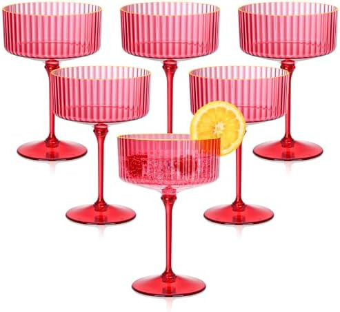 12 PCS Plastic Martini Glasses 10 oz Detachable Gold Rim Red Ribbed Coupe Glasses Vintage Christm... | Amazon (US)