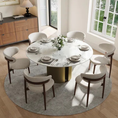 7-Piece Round Dining Table Set For 4-6 People,59" Marble Top Dinging Table With 6 Solid Chairs | Wayfair North America
