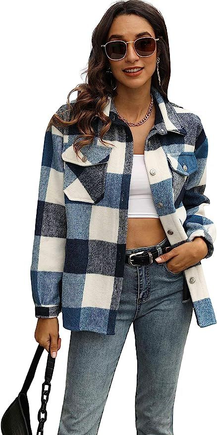 Springrain Women's Casual Flannel Plaid Button Down Long Sleeve Shacket Jacket Coat | Amazon (US)