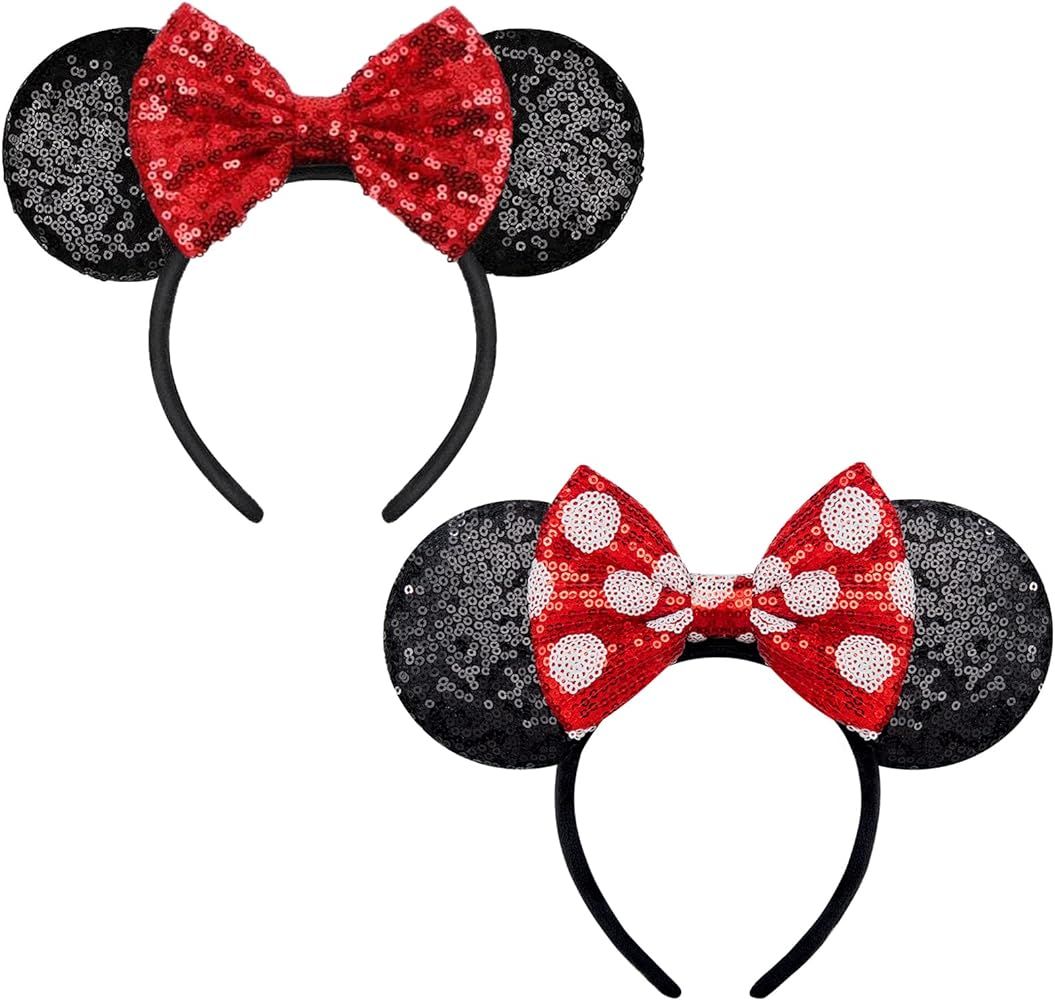 YUNISS 2 PCS Minnie Ears, Shiny Sequin Bow Mickey Ears Headbands for Adult Women Girls Christmas ... | Amazon (US)