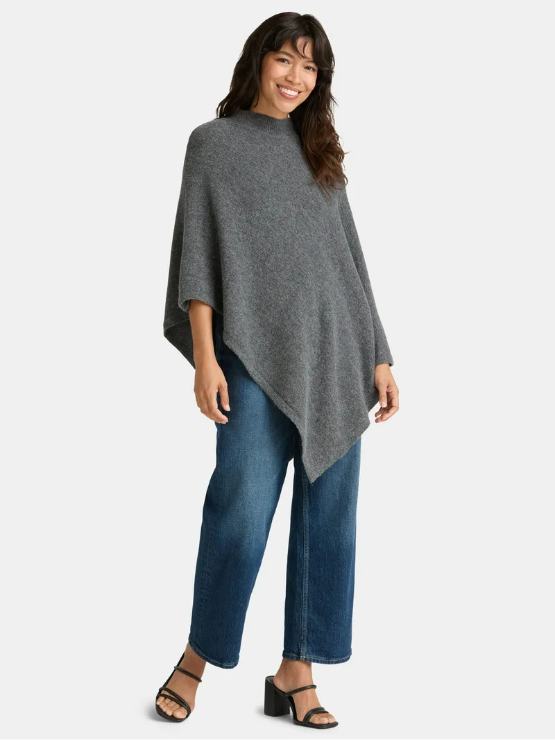Time and Tru Women's Mock Neck Poncho, S/M, Charcoal Heather Grey | Walmart (US)