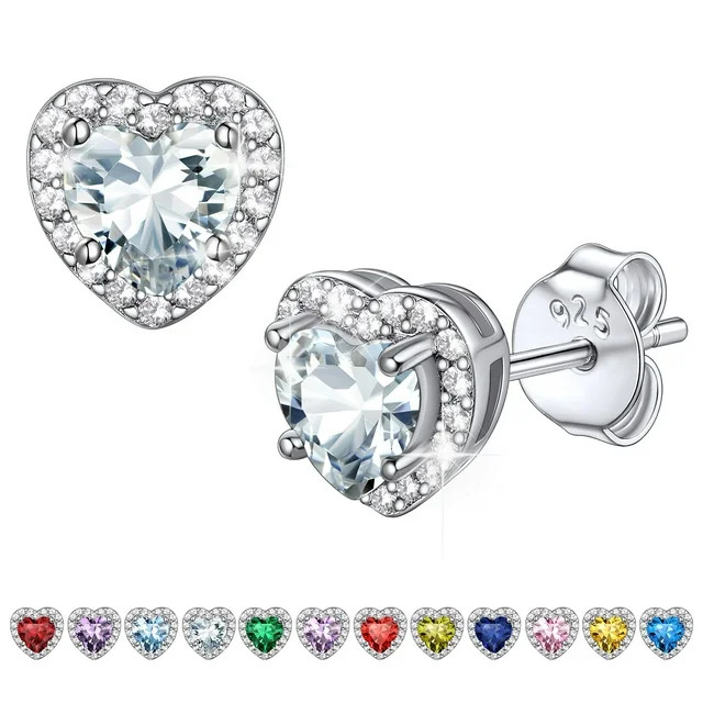 Bestyle Women Crystal Birthstone Stud Earrings, 925 Sterling Silver Earrings Grils CZ Heart Studs... | Walmart (US)