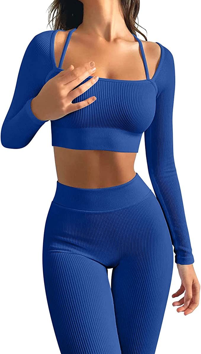 Workout Sets for Women Long Sleeev 2 Piece Yoga Outfits Seamless Ribbed Sweetheart Neck Crop Top ... | Amazon (US)