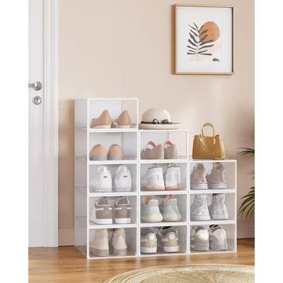 Set of 12 Stackable Plastic Shoe Boxes with Doors. Transparent & Cloud White. Easy Assembly. 9.1x13.1x5.6 Inches. Fits Shoes up to US Size 9 | Target