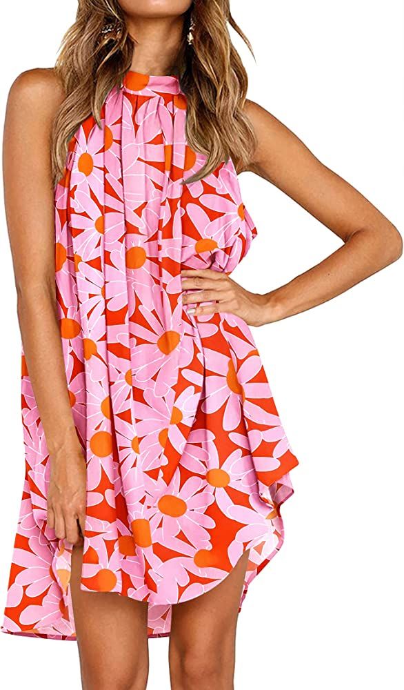 KIRUNDO 2023 Women's Summer Halter Neck Sleeveless Mini Dress Loose Tank Top Pleated Dress Short ... | Amazon (US)