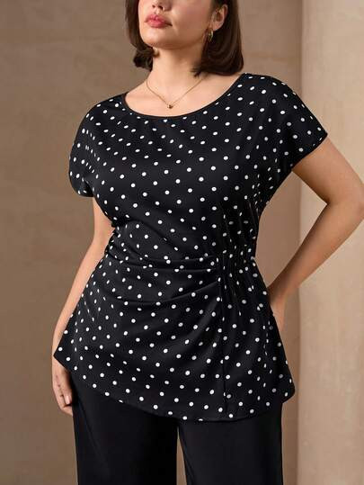 Plus Size Women's Polka Dot Print Round Neck Batwing Short Sleeve Ruched Waist Fashion Blouse Off... | SHEIN